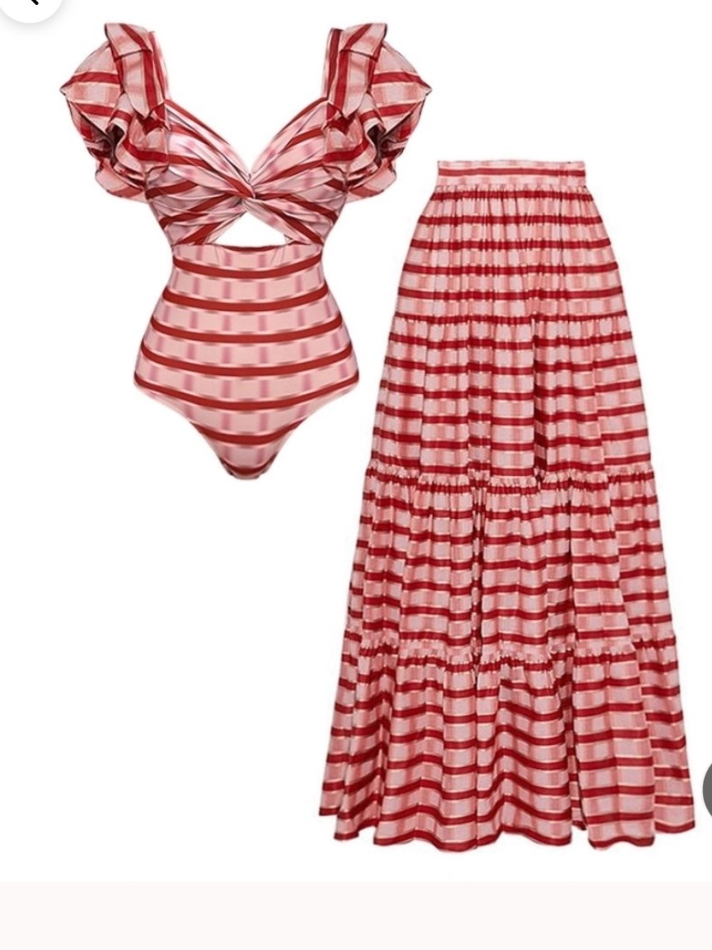 Red & White Striped Ruffle Cut-Out Swim Bodysuit